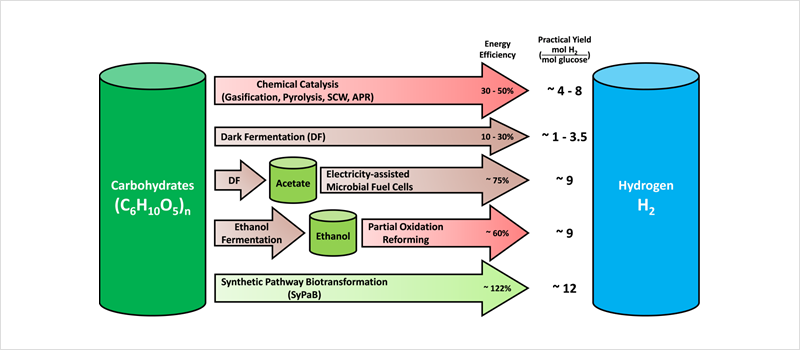 그림1. 탄수화물을 수소로 전환하기 위한 다양한 기술 비교
